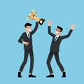 Businessman holding number one gold trophy with his team achievements. Vector design of winning and cheering for successfully. Royalty Free Stock Photo