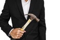 Businessman holding old hammer, isolated on white background Royalty Free Stock Photo