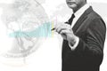 Businessman holding pen with world map double exposure with comp Royalty Free Stock Photo