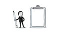 Businessman holding a pencil and big clipboard checklist. business solution concept. isolated illustration outline hand dra