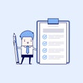 Businessman holding a pencil looking at completed checklist on clipboard. Cartoon character thin line style vector. Royalty Free Stock Photo