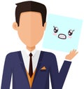Businessman holding picture of cute kawaii worrying face. Male character shows frightened emotion
