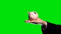 Businessman holding piggybank on hand, green screen, chroma key background