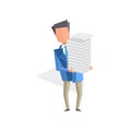 Businessman holding pile of office papers and documents, paper work, bureaucracy, routine business concept cartoon