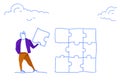 Businessman holding puzzle jigsaw part problem solution successful project finish concept horizontal sketch doodle