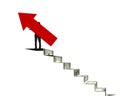 Businessman holding red arrow sign on money stairs