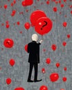 Businessman holding red balloon with question mark printed on, generative ai