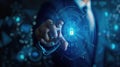 Businessman holding security padlock button on virtual screens. Royalty Free Stock Photo