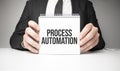 Businessman holding sheet of paper with a message Process Automation Royalty Free Stock Photo