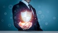 Businessman holding shield protect icon for internet firewall, insurance, or computer virus cleaner. Concept cyber security safe Royalty Free Stock Photo