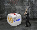 businessman holding sledgehammer hitting large dice with buildings doodles Royalty Free Stock Photo