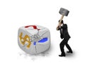 Businessman holding sledgehammer hitting large dice with dollar Royalty Free Stock Photo