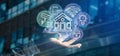 Businessman holding Smart home interface with icon, stats and data 3d rendering Royalty Free Stock Photo