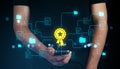 Businessman holding smartphone with digital certificate and connected document icons representing secure data and quality Royalty Free Stock Photo