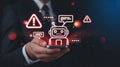 Businessman holding smartphone with robot illustration and warning signs depicting chatbot communication errors and artificial Royalty Free Stock Photo