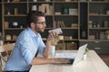 Businessman holding smartphone talk to client using speakerphone Royalty Free Stock Photo