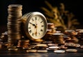 Businessman holding stack of coins. A clock sitting on top of a pile of coins Royalty Free Stock Photo