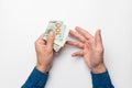 businessman holding a stack of euro banknotes in his hand, points his finger at money, income, success Royalty Free Stock Photo