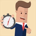 Businessman holding a stopwatch pointing at him with his finger. Time management concept.Time control, planning. Vector illustrati Royalty Free Stock Photo