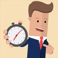 Businessman holding a stopwatch pointing at him with his finger. Time management concept.Time control, planning. Vector illustrati Royalty Free Stock Photo