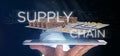 Businessman holding a Supply Chain title with a warehouse on background 3d rendering