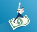 Businessman holding sword on money bills. business concept vector illustration