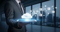 Businessman Holding Tablet with Cloud Computing Network Royalty Free Stock Photo