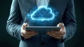 Businessman Holding Tablet with Cloud Technology Interface and Digital Data Imagery Royalty Free Stock Photo