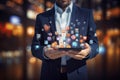 Businessman holding tablet with media icons and symbols. Technology concept. Businessman on blurred background holding 3D Royalty Free Stock Photo