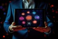 Businessman holding a tablet photo realistic illustration - Generative AI.