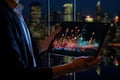 Businessman holding a tablet photo realistic illustration - Generative AI.