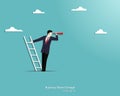 Businessman holding telescope standing on top of ladder above clouds Royalty Free Stock Photo