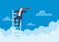 Businessman holding a telescope standing on the top of the stairs looking of success, Searching new business goals Royalty Free Stock Photo