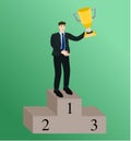 Businessman holding trophy cup and standing on podium Royalty Free Stock Photo