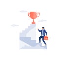 Businessman holding trophy cup standing on the stair, Royalty Free Stock Photo