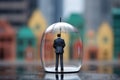 businessman holding an umbrella stands isolated on a softly blurred background. AI Generated