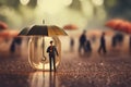 businessman holding an umbrella stands isolated on a softly blurred background. AI Generated