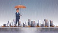 Businessman holding umbrella at storm huge rain business protection concept over big modern city building skyscraper