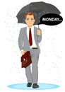 Businessman holding umbrella walking sad to work with speech bubble with monday text message Royalty Free Stock Photo