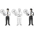 Businessman holding up and pointing big light bulb vector illustration sketch doodle hand drawn with black lines isolated on white Royalty Free Stock Photo