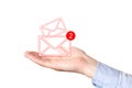 Businessman holding a virtual envelope concept for e-mail, global communications. Mail letter icons on hand , business concept.