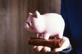 Businessman holding wallet and piggy bank Royalty Free Stock Photo