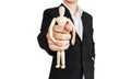 Businessman holding wooden figure, concept of take control, oppress, and etc., isolated on white background