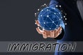 Businessman holding world globe against grey background, closeup. Immigration concept