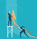 Businessman holds big arrow, hard working, taking a risk, support and problem solving ideas