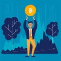 Businessman holds bitcoin on blue background