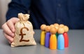 A businessman holds a british pound sterling money bag near a group of people figurines.