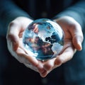 Businessman holds crystal globe in hands,Crystal Earth On green grass Environment concept, Glass globe in the grass,AI generated