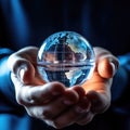 Businessman holds crystal globe in hands,Crystal Earth On green grass Environment concept, Glass globe in the grass,AI generated