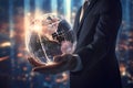 A businessman holds the earth globe in his hands, Generative AI 3 Royalty Free Stock Photo